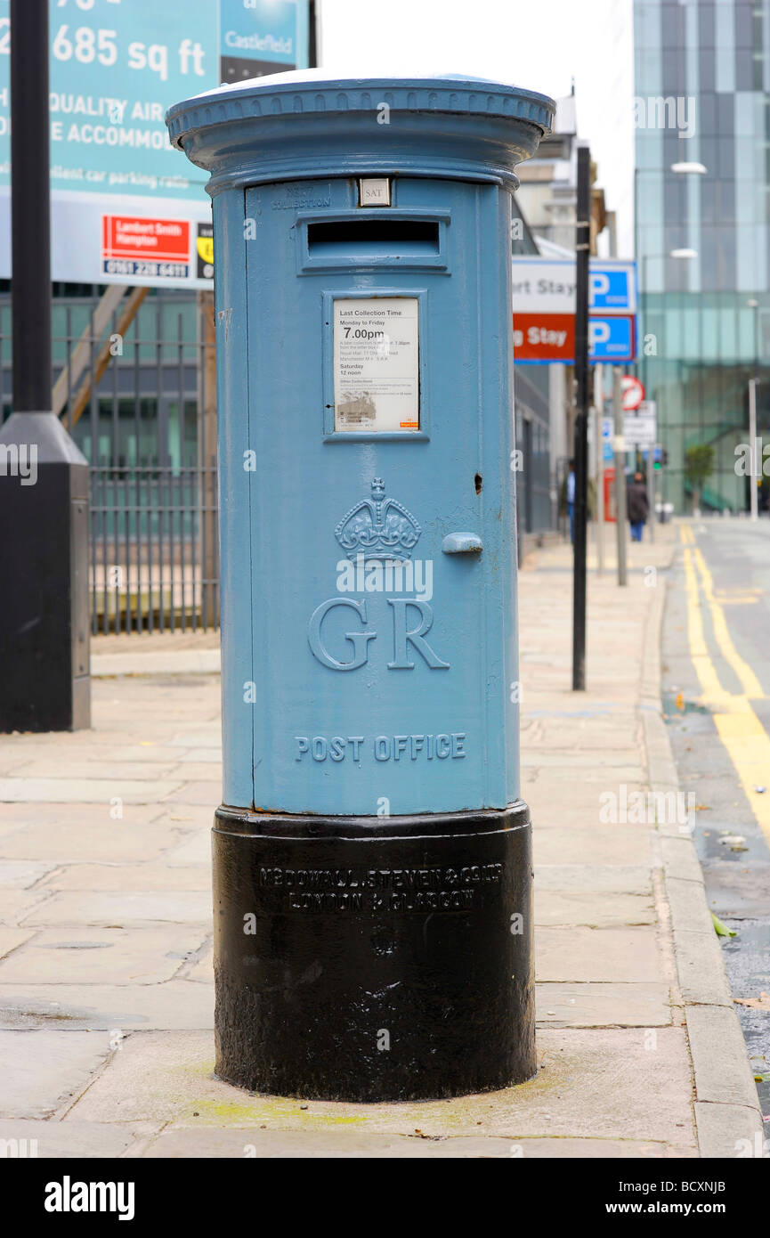 old air mail pillar box letterbox postbox light blue manchester Stock