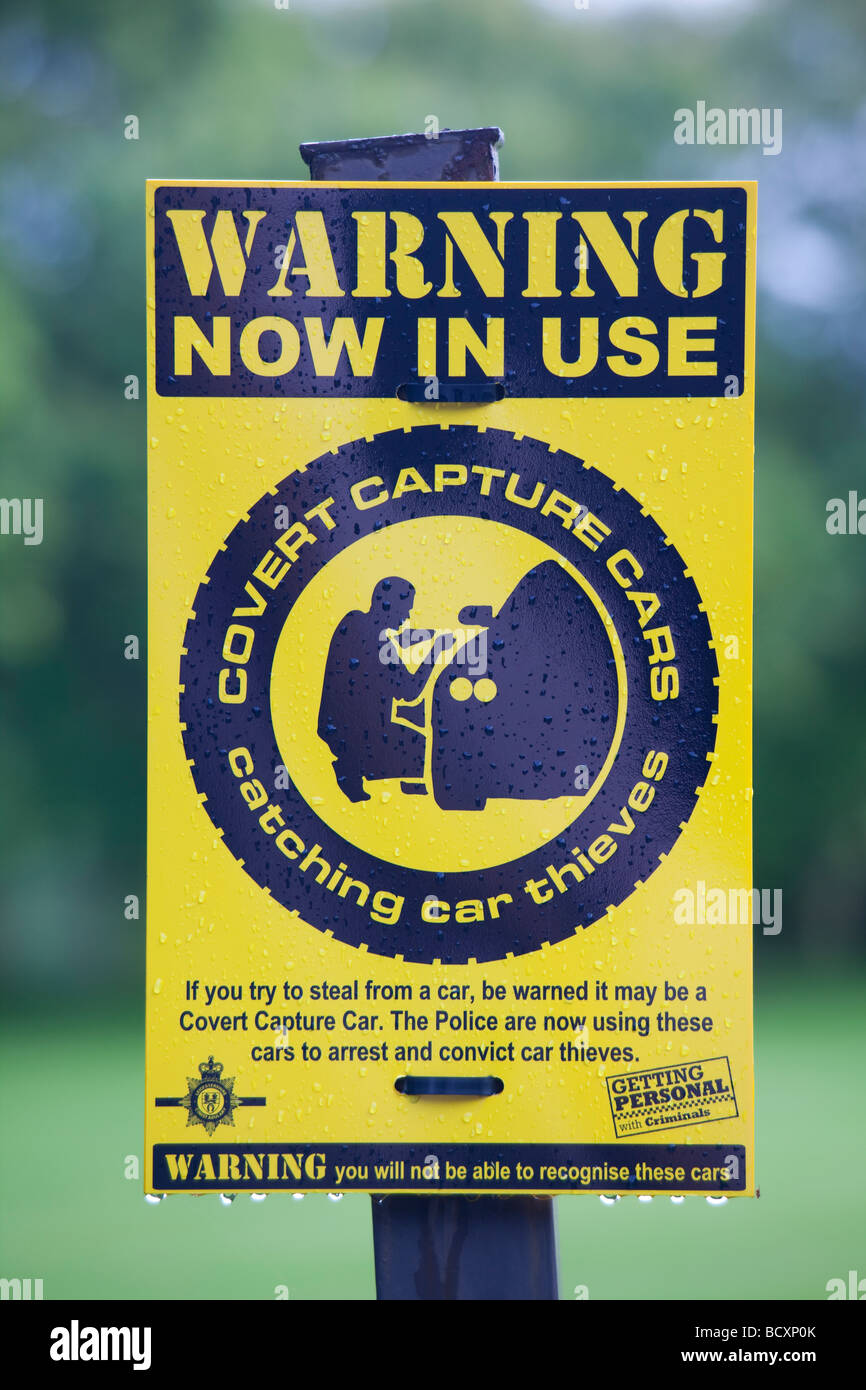 A warning sign about covert capture cars being used by the police in a car park on the Outskirts of loughborough Stock Photo