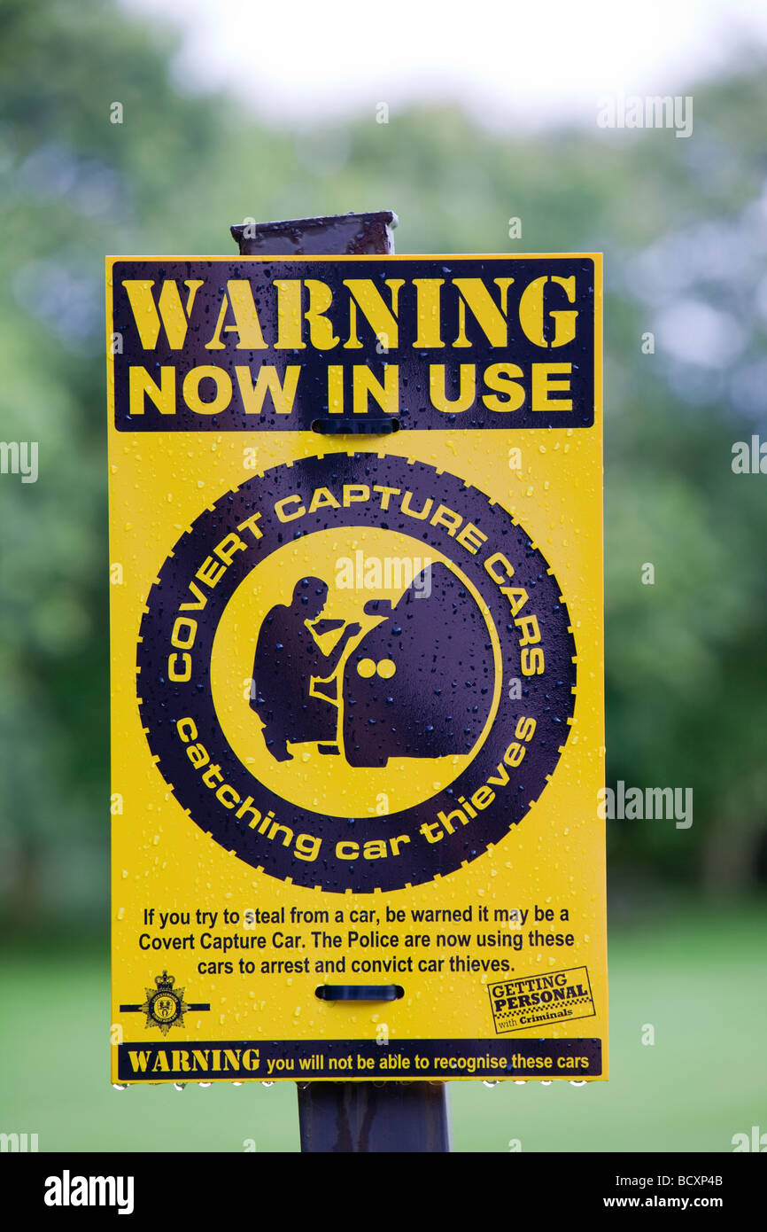 A warning sign about covert capture cars being used by the police in a car park on the Outskirts of loughborough Stock Photo