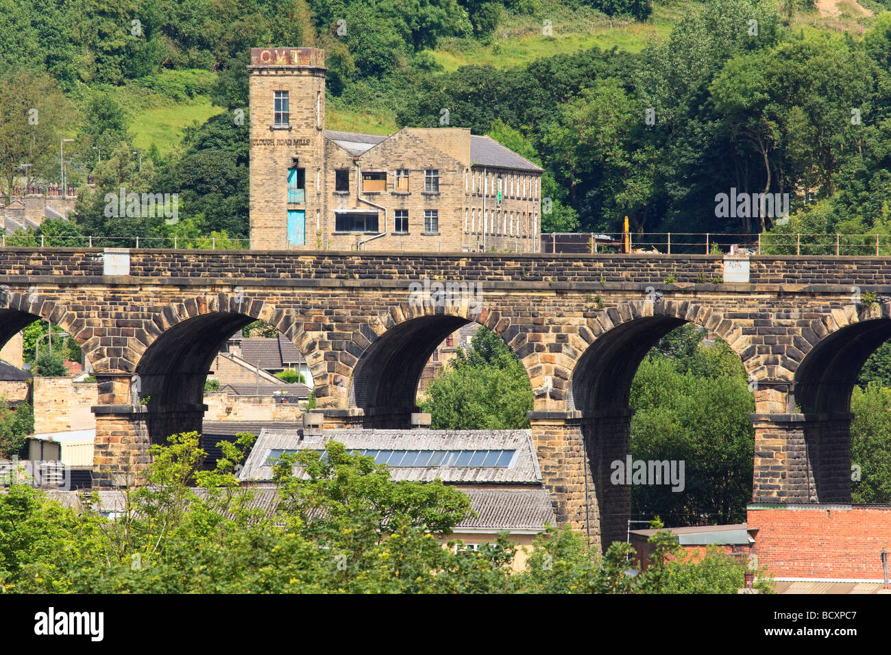 Mill and Viaduct in the Colne Valley near Slaithwaite West Yorkshire UK ...