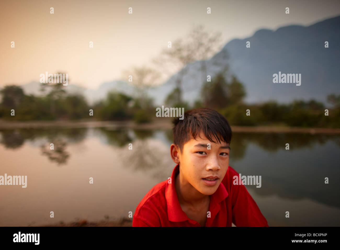 portrait of a boy nr Vang Vieng, Laos Stock Photo