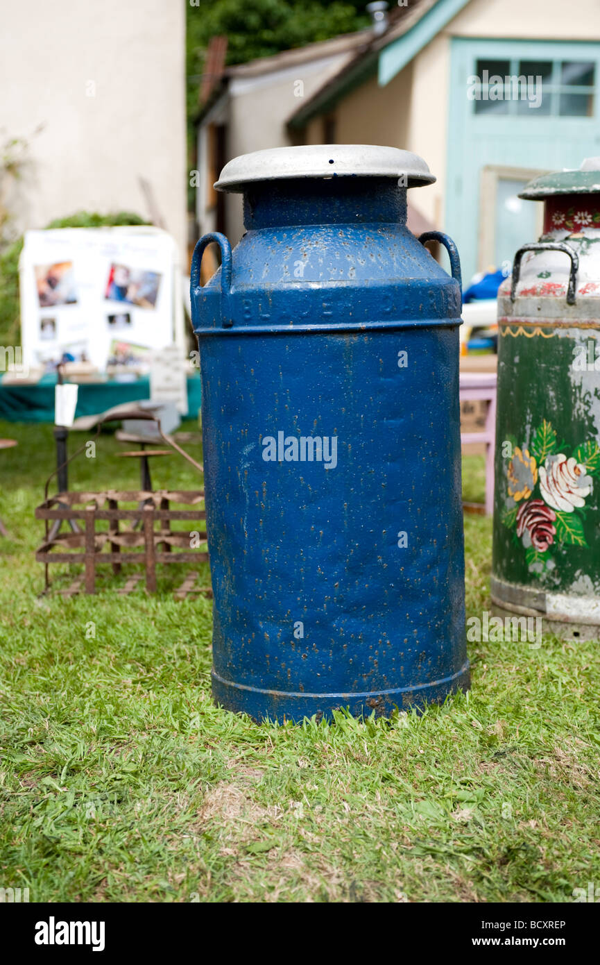 A blue milk churn. Stock Photo