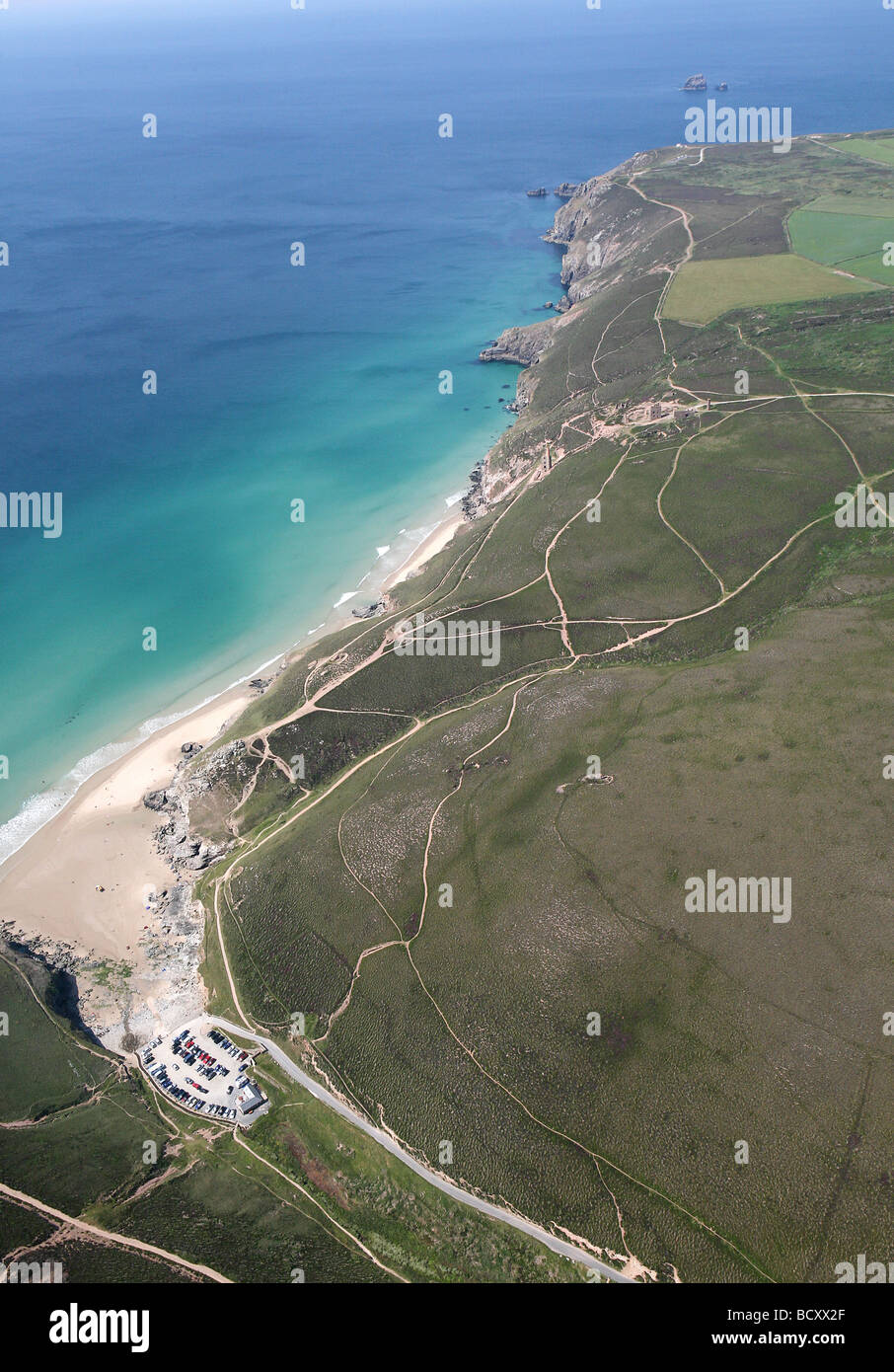 Aerial shot of Chapel Porth Wheal Coates St Agnes Cornwall owned and managed by the National Trust Stock Photo
