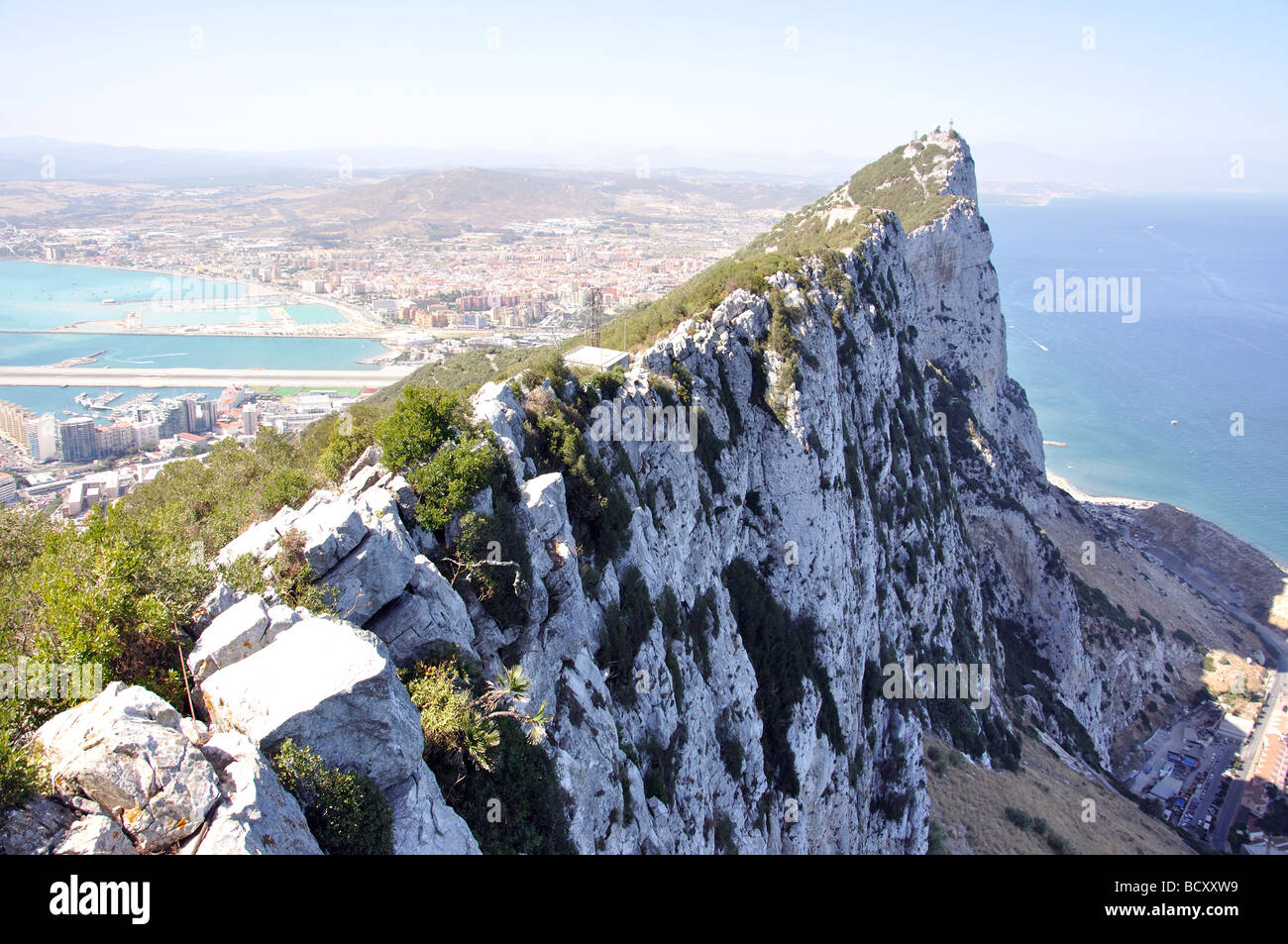 Spanish Mainland and Rock of Gibraltar from Lenea Rock Lookout, Gibraltar Rock, Gibraltar Stock Photo