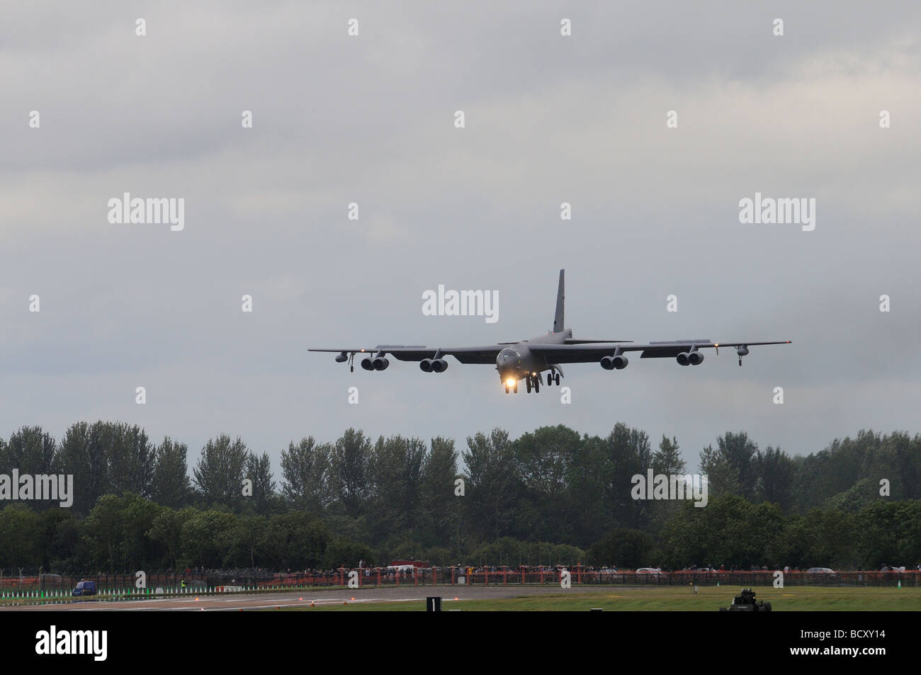 Boeing heavy bomber B52 on final approach to landing at RAF Fairford for the Royal International Air Tattoo Stock Photo