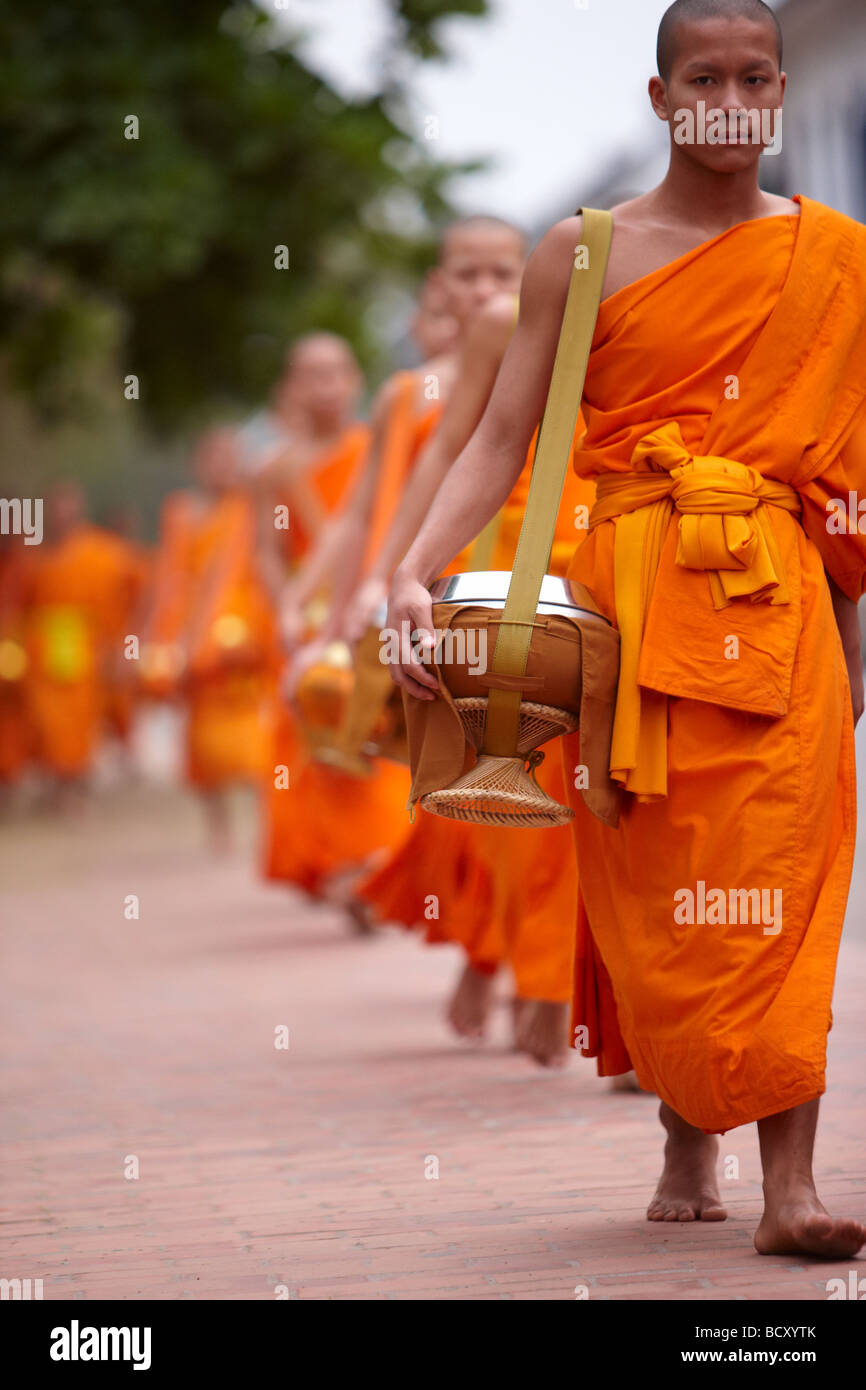 the procession of monks at dawn through the town to collect gifts of food, Luang Prabang, Laos Stock Photo