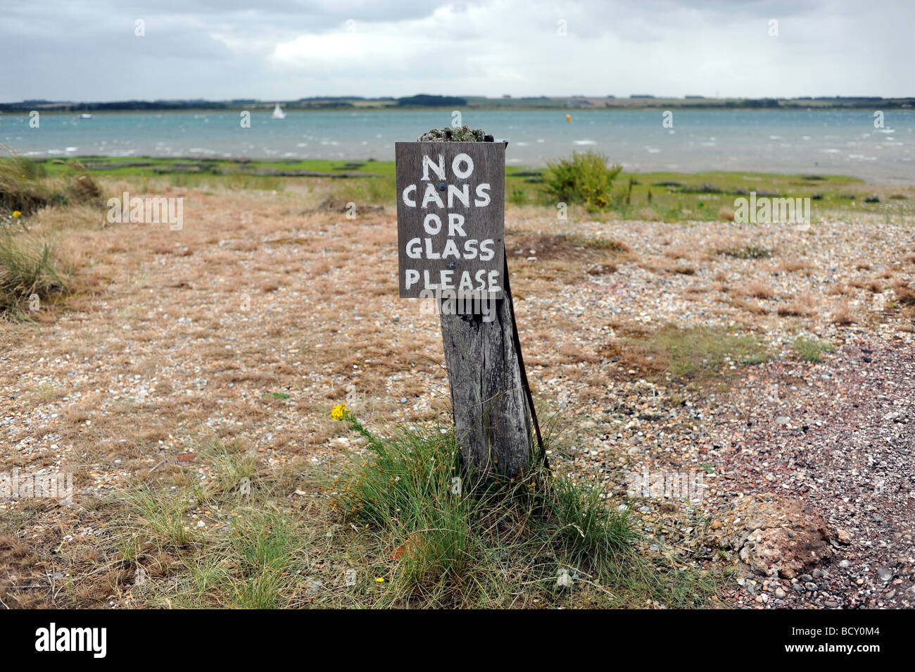 No Cans or Glass Please wooden sign at Blakeney Point on the North Norfolk coast UK Stock Photo