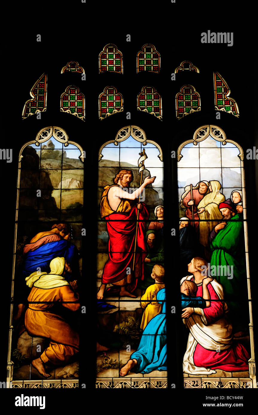 Stained Glass Window in Peterhouse College Chapel, Cambridge England UK Stock Photo