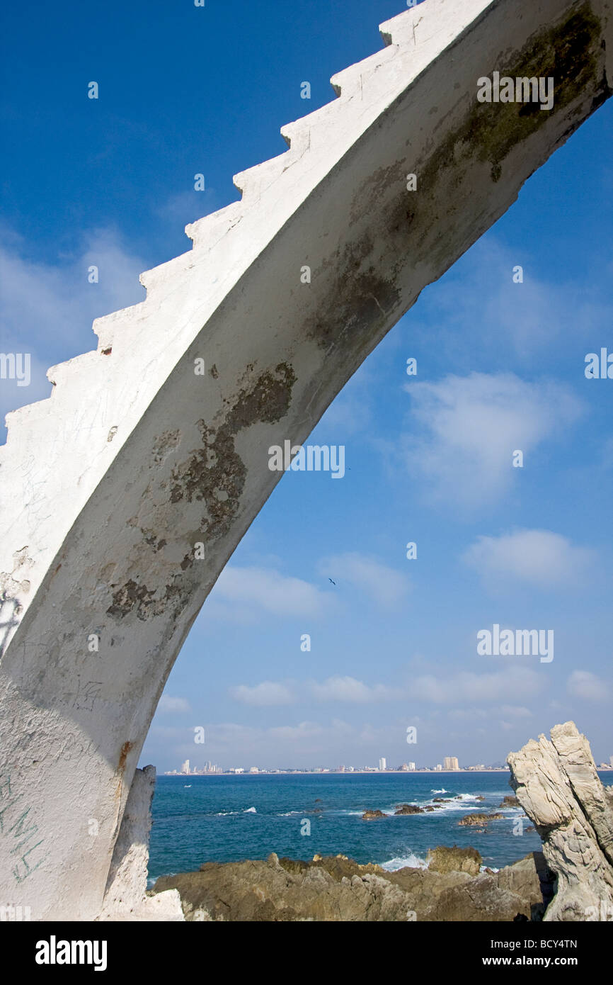 Concrete steps leading up to platform where local men dive into water for tourists along the Malecon in Mazatlan, Mexico Stock Photo