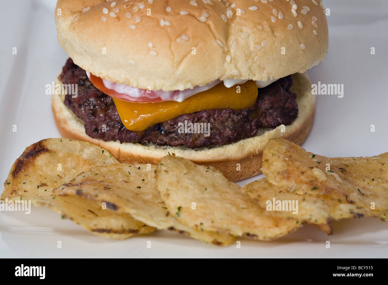 Close up of a hearty cheeseburger and potato chips on a white serving plate Stock Photo