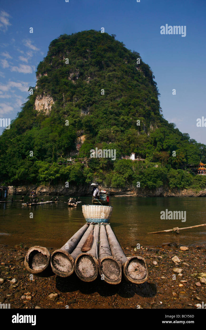 Traditional bamboo raft on the Li River in Guangxi Province, China with ...