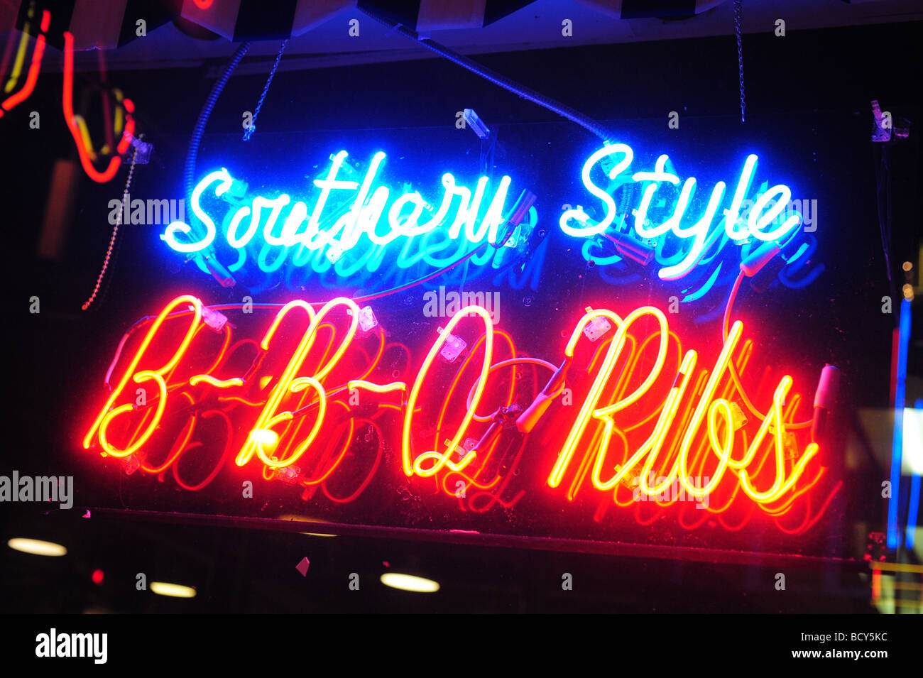 Tennessee Memphis Beale Street Neon sign southern style BBQ ribs Stock