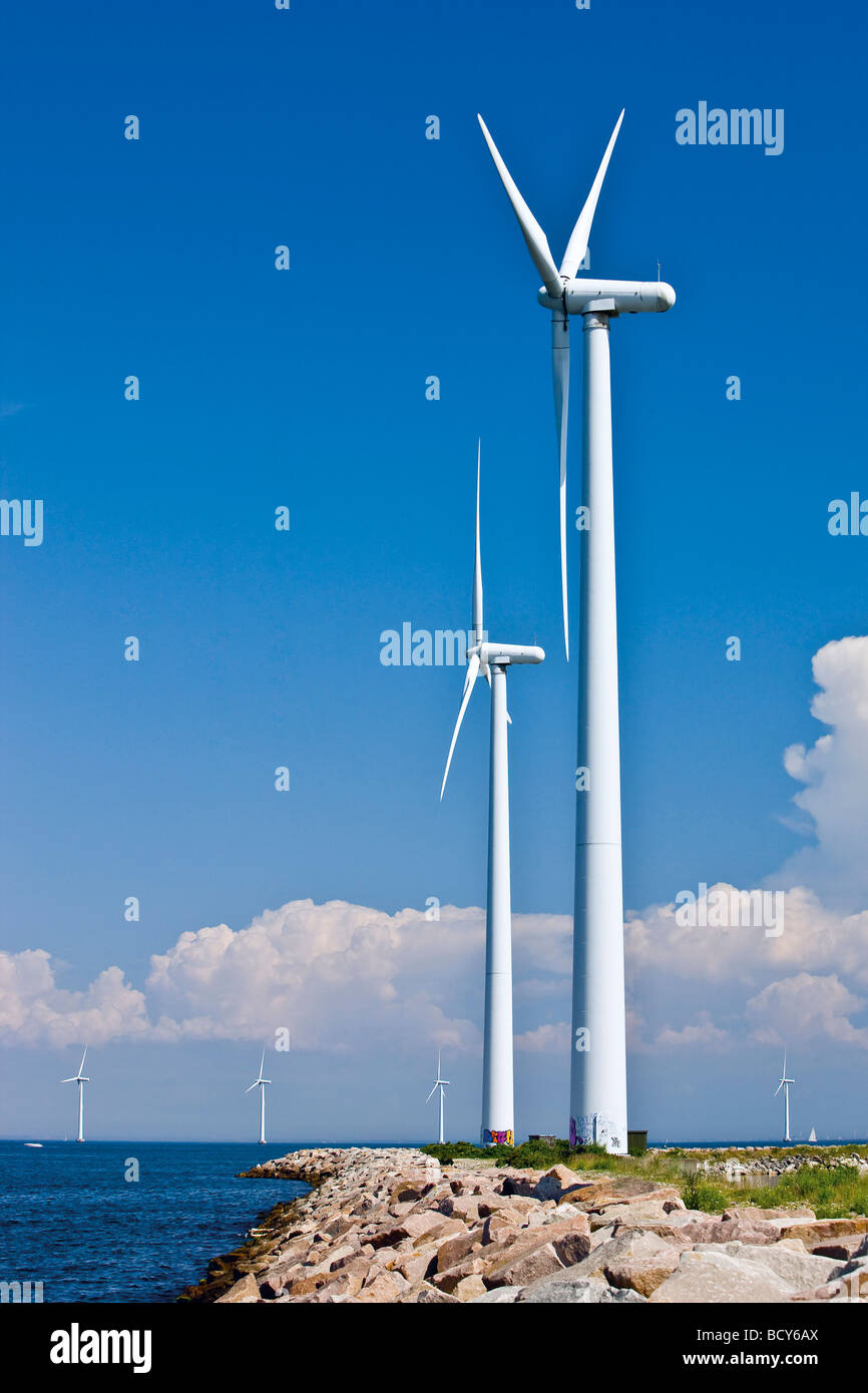 Wind turbines at harbour area, Copenhagen, Denmark Stock Photo