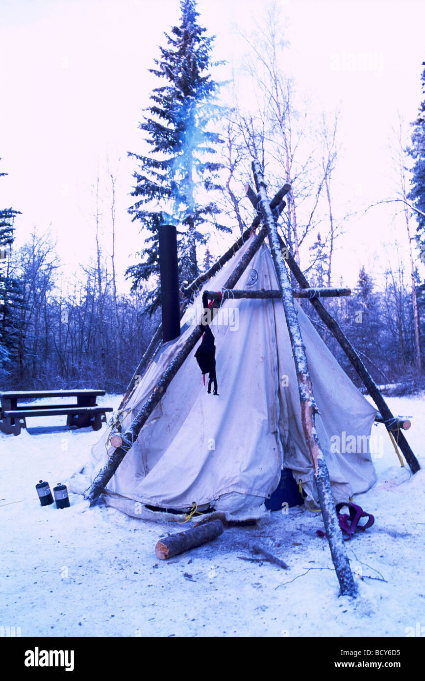 Winter Camping in Snow, Chimney Stove in Tent, Liard River Hot Springs Provincial Park, Northern