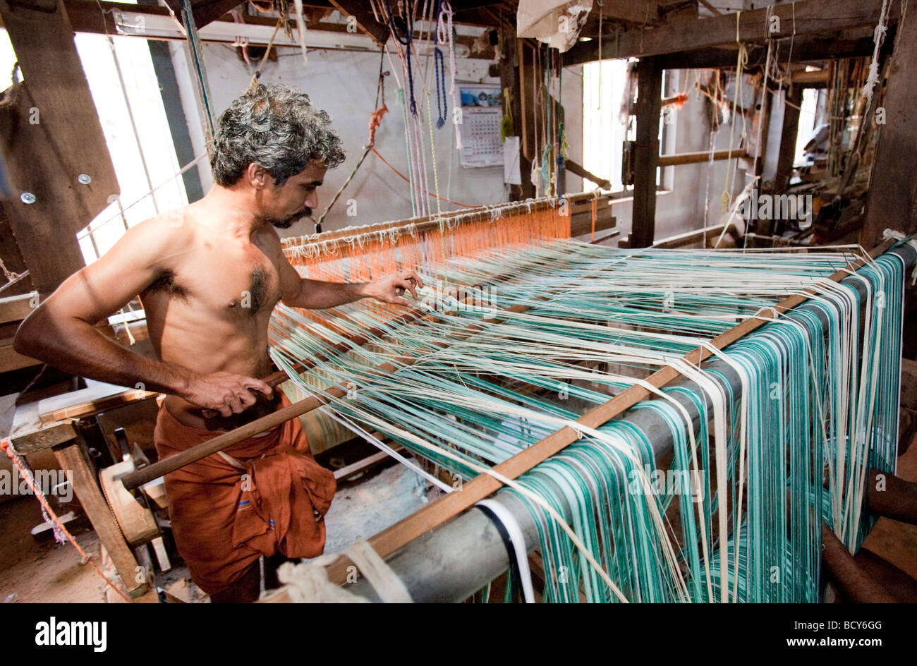 Indian Man Working In A Weaving Factory In Northern Kerala India Stock