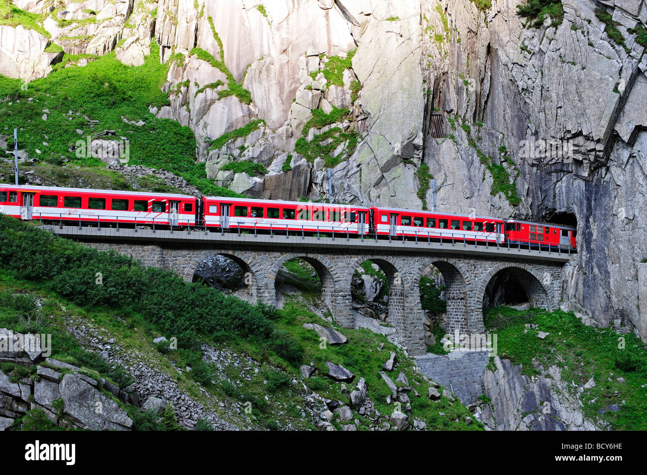 Mattherhorn-Gotthard train crossing the Schoellenen Gorge, between Goeschenen and Andermat, canton of Uri, Switzerland, Europe Stock Photo