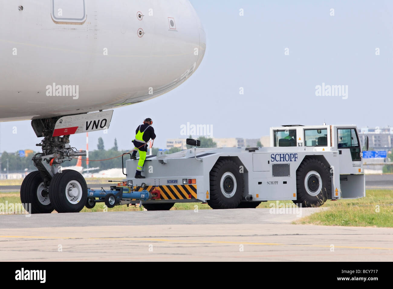 Low floor aircraft tug, pusher, moving an airbus A 480 plane at the