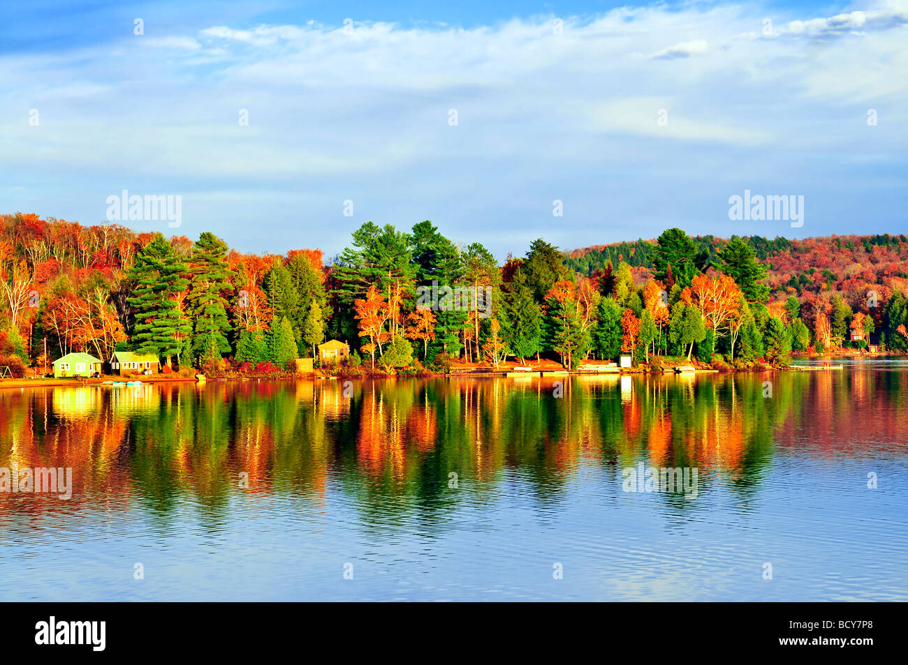 Forest of colorful autumn trees reflecting in calm lake Stock Photo