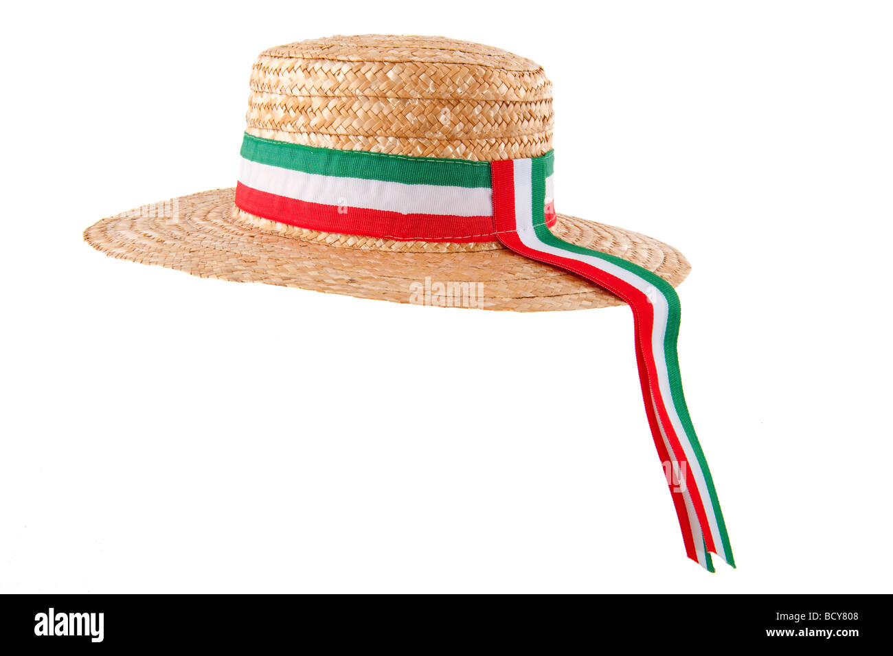 Italian straw hat with flag ribbon isolated over white Stock Photo