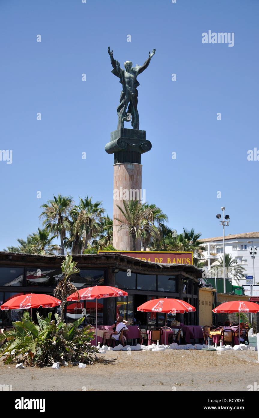 La Victoria Statue and Playa Puerto Banus, Puerto Banus, Costa del Sol, Malaga Province, Andalusia, Spain Stock Photo