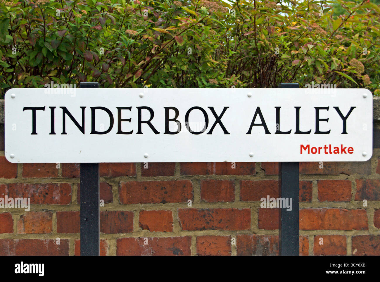 street name sign for tinderbox alley, mortlake, southwest london, england Stock Photo