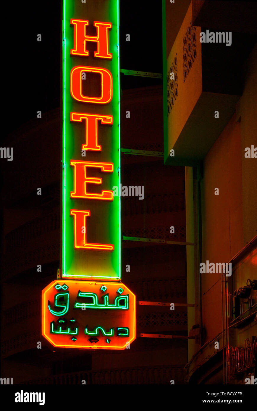 Hotel neon sign in Deira, Dubai, UAE at night Stock Photo Alamy