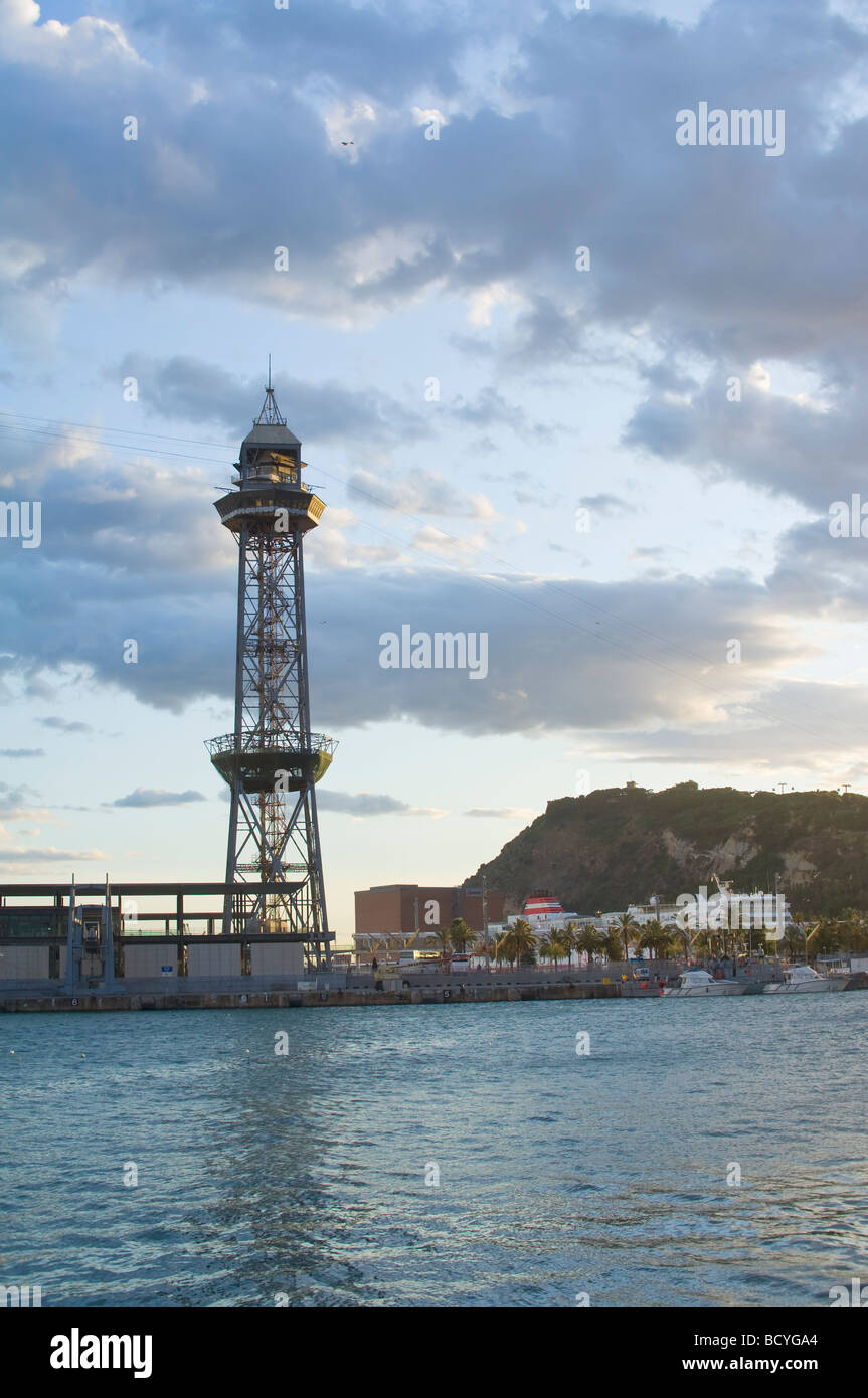 Cable car Jaume tower at sunset Barcelona harbor Catalonia Spain Stock ...