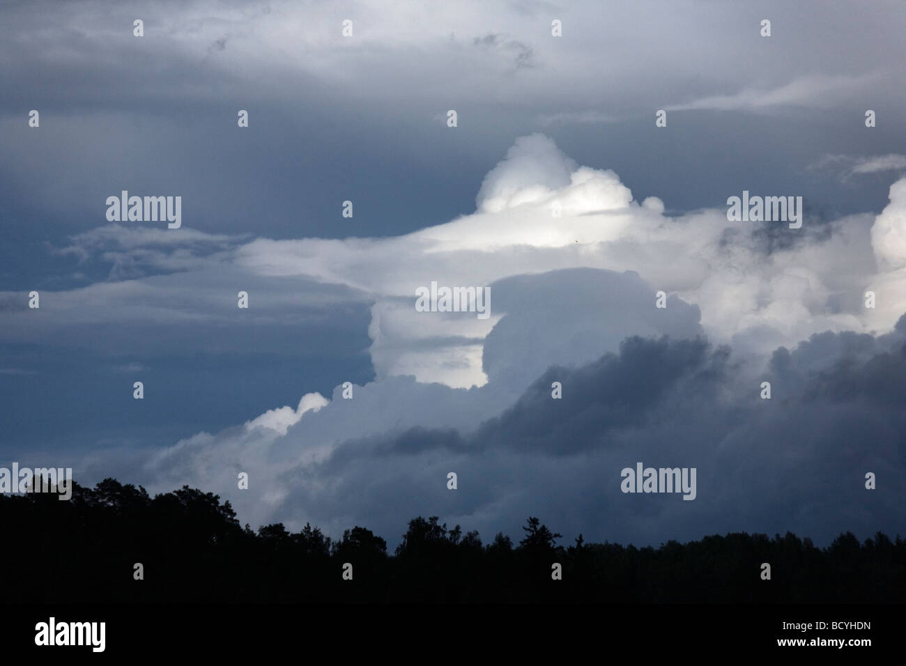 Cumulus clouds over Latvian countryside Stock Photo