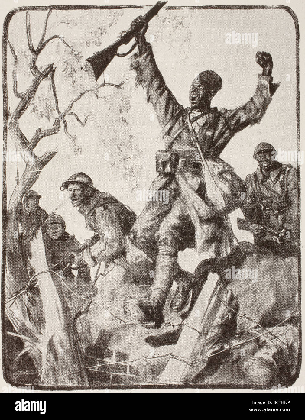 African and colonial troops charge into battle during the First World War After an artwork by L Jonas. Stock Photo