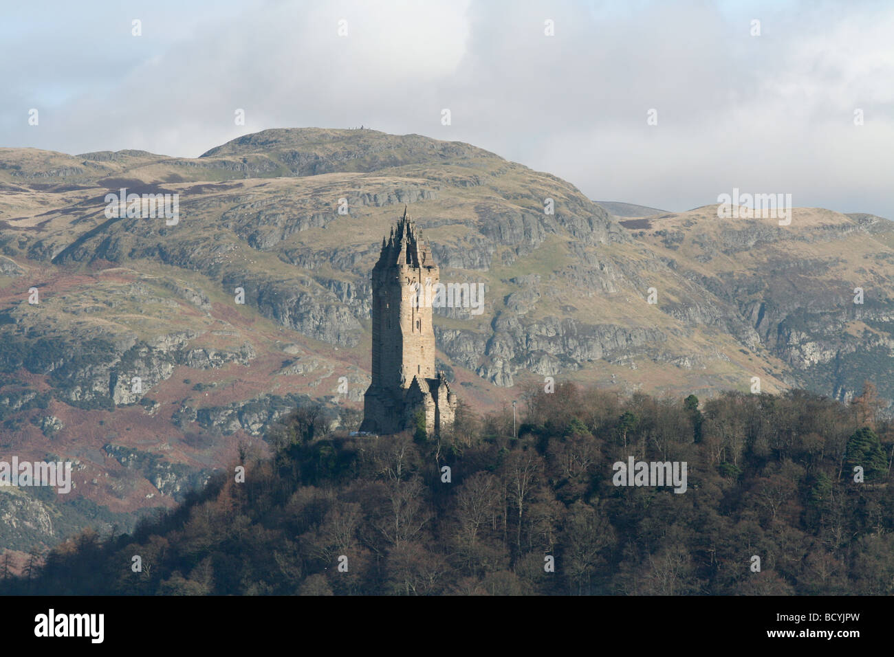William Wallace Monument Stirling with rugged countryside beyond Scotland  January 2009 Stock Photo