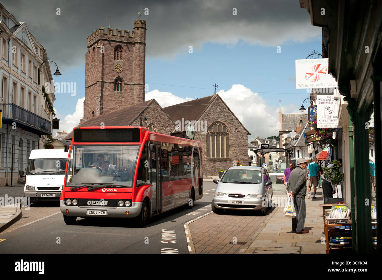a small bus in Brecon Town centre Powys Wales UK Stock Photo