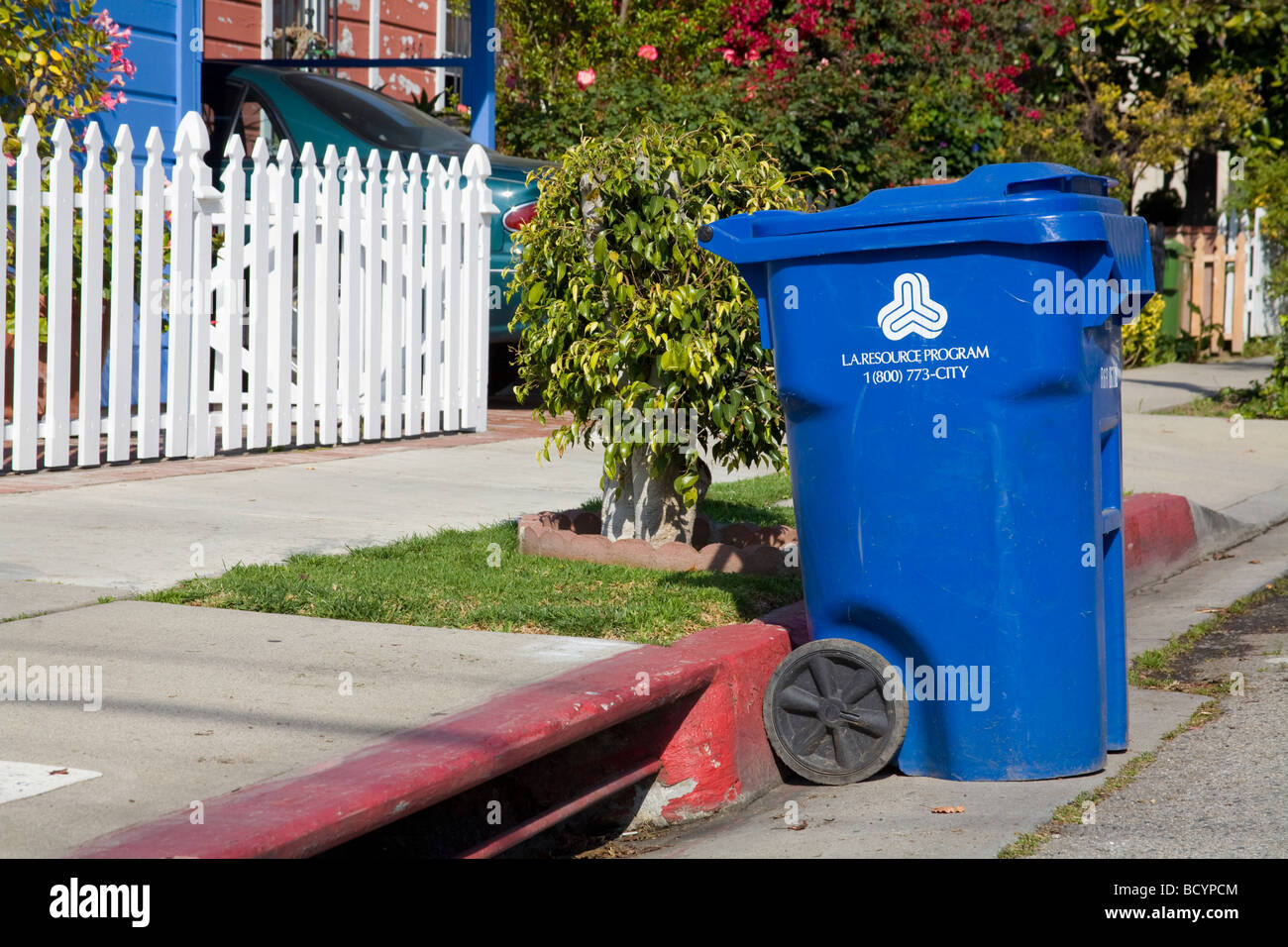 A Blue trash bin for the City of Los Angeles Bureau of Sanitation’s