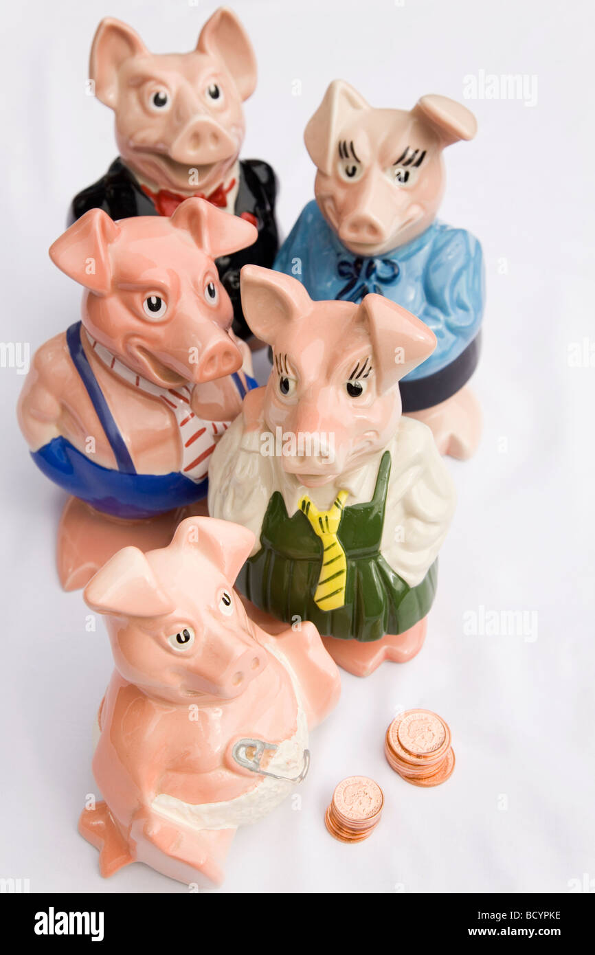 A family of piggy banks. The set of five piggy banks produced by the NatWest Bank in the 1980s