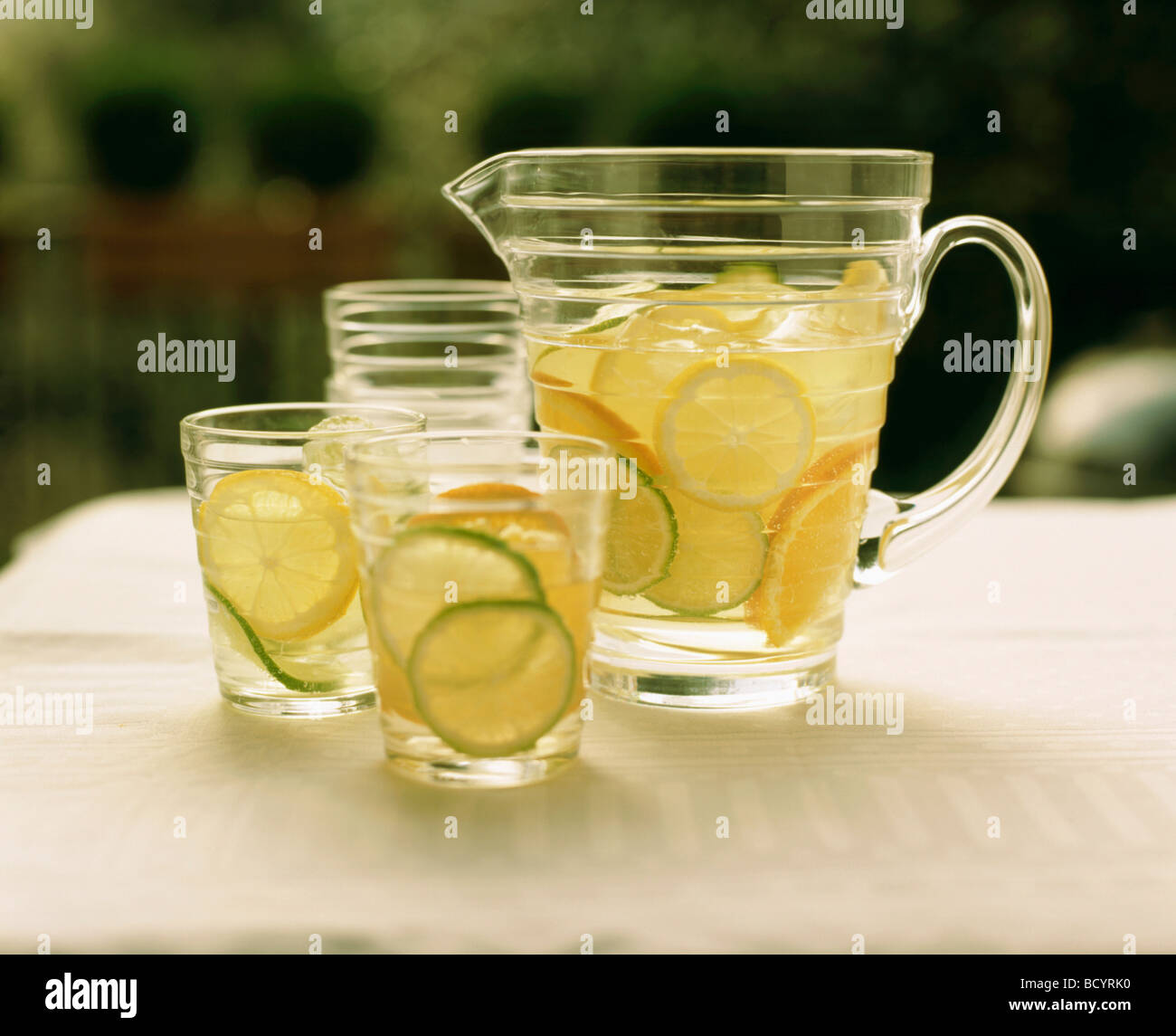 Drink lemonade jug and glasses Stock Photo Alamy