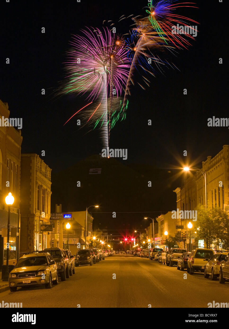 Fourth of July fireworks on S Mountain viewed from the main street in