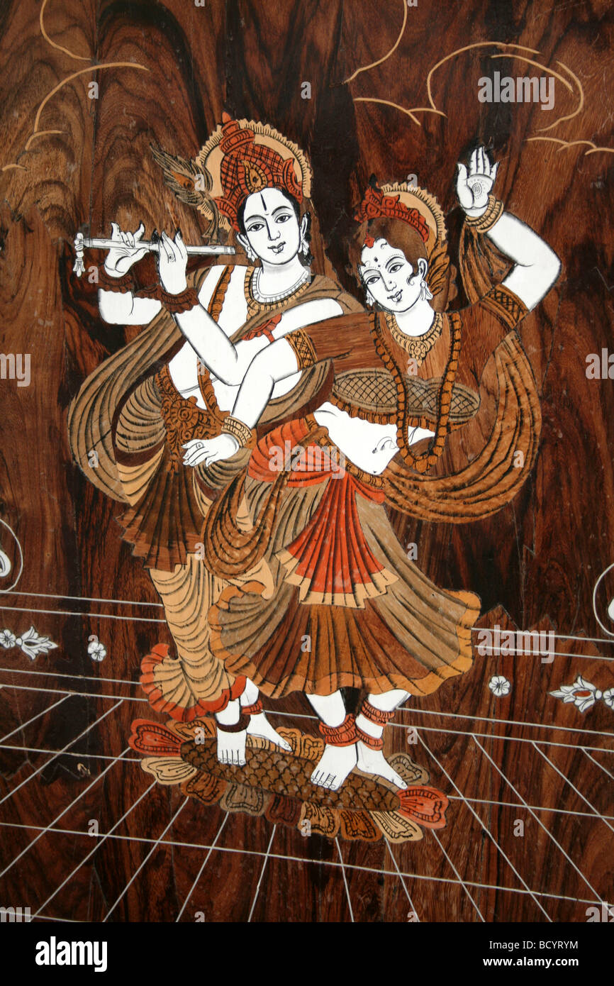 Indian Marquetry Panel Showing Musician And Dancer Stock Photo