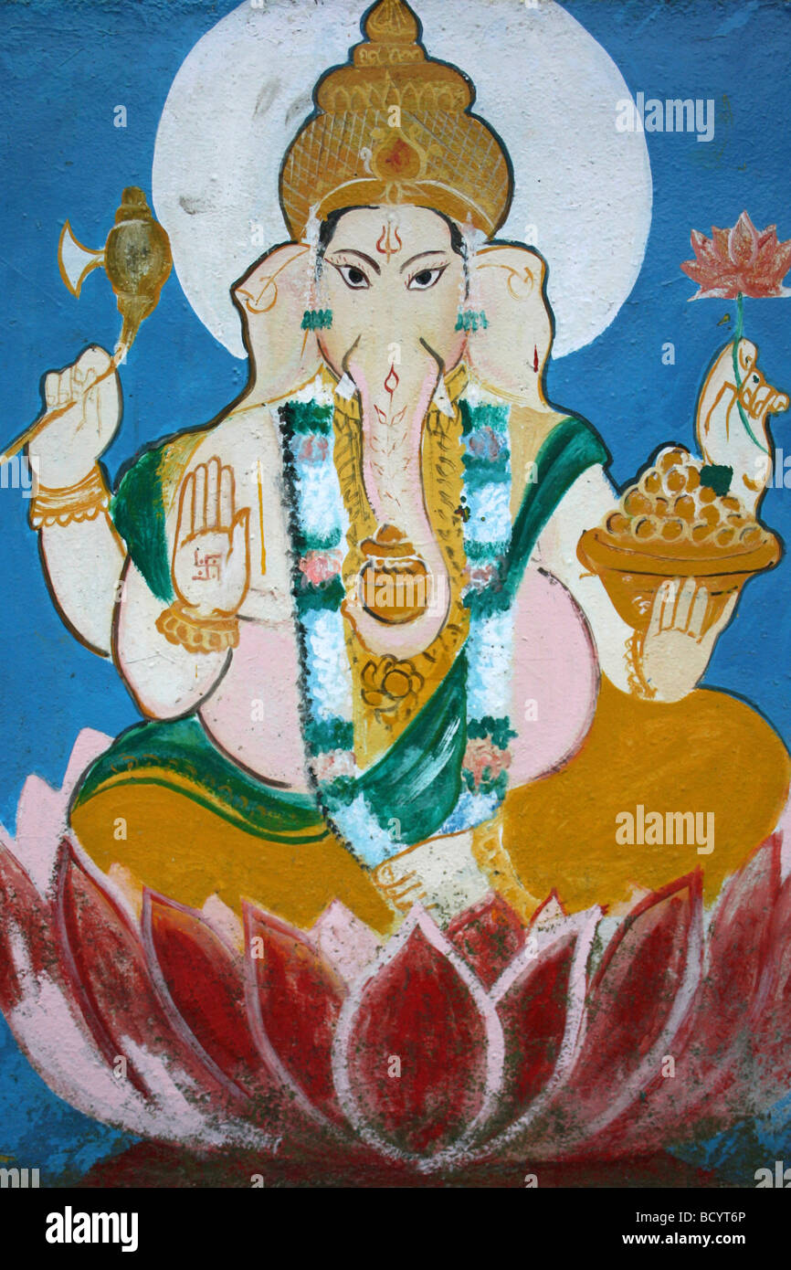Painting Of The Hindu Elephant God Ganesh On A Temple In Munnar, Kerala, India Stock Photo