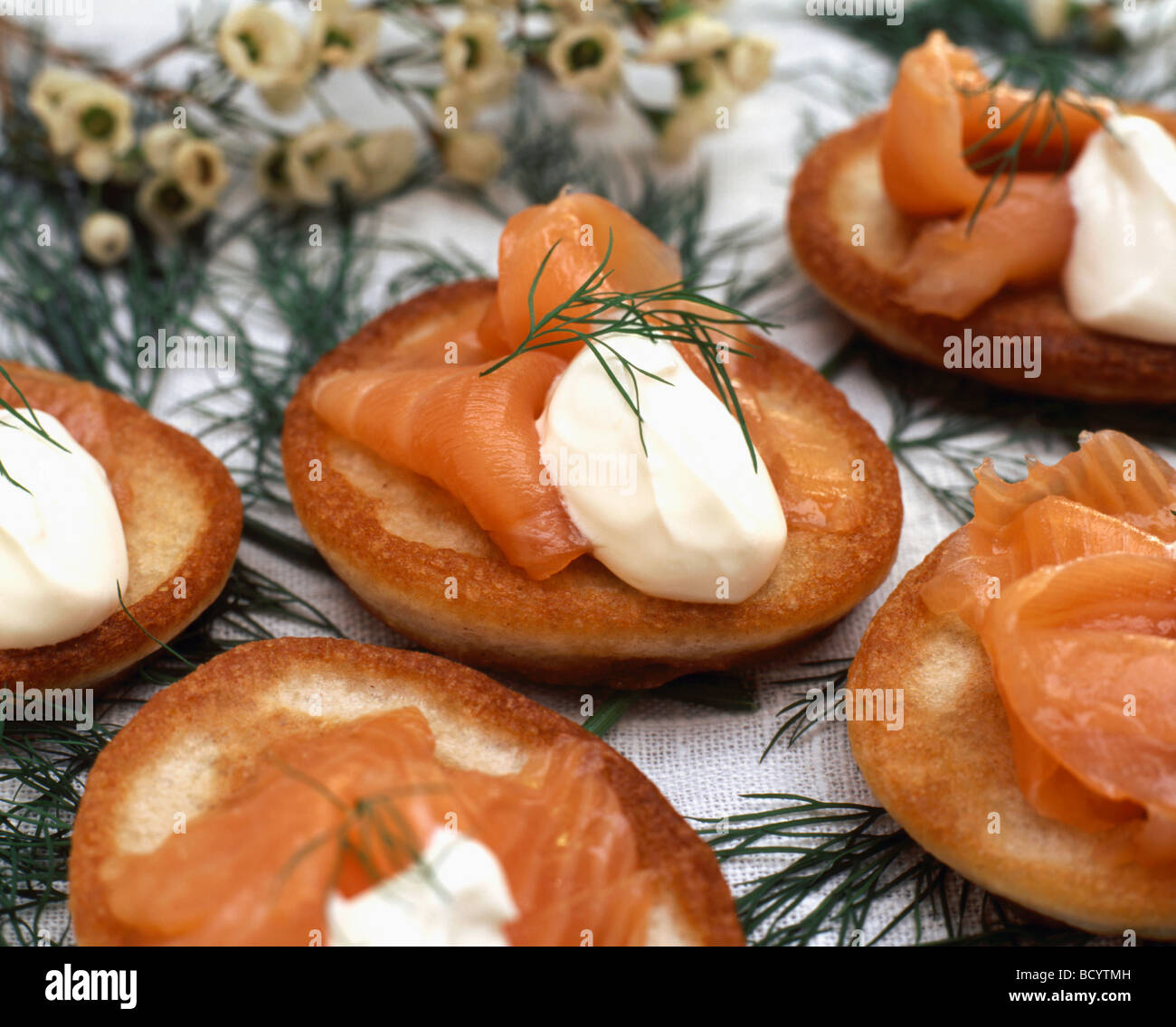 blinis with smoked salmon and sour cream Stock Photo