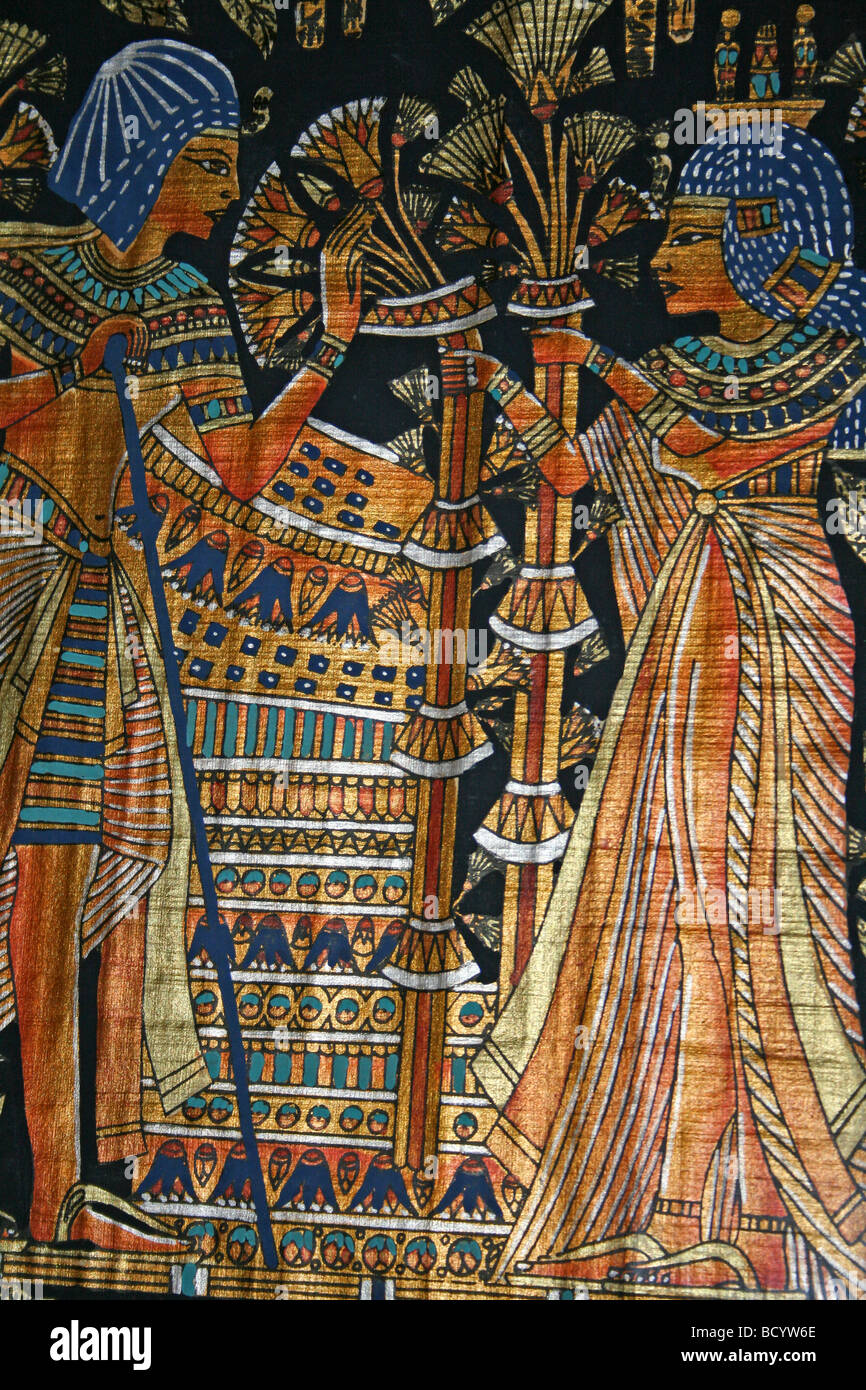 Egyptian Papyrus Painting Showing Two Lovers With Lotus Flowers Stock