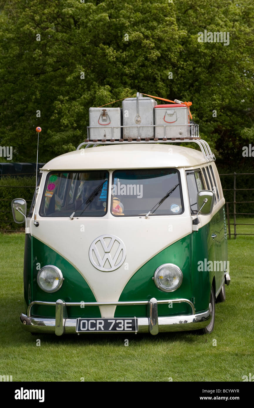 White and green volkswagen split screen camper van Stock Photo