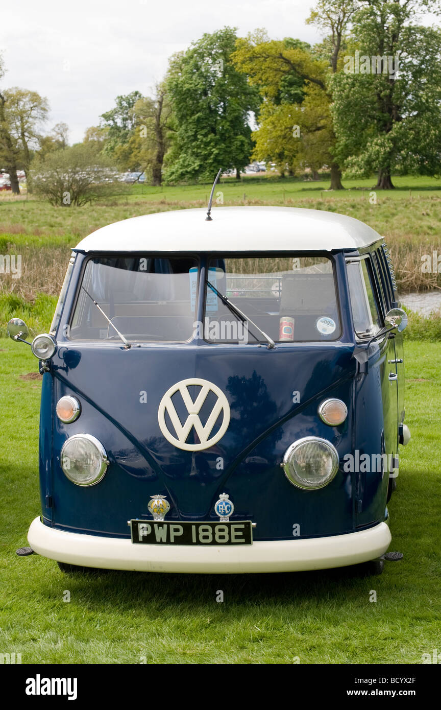 Blue and white volkswagen split screen camper van Stock Photo