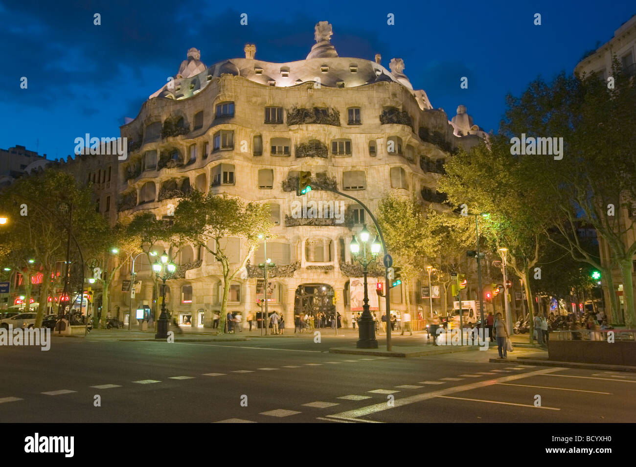 Casa Mila or La Pedrera at night Antonio Gaudi Architect Eixample District Barcelona Catalonia Spain Stock Photo