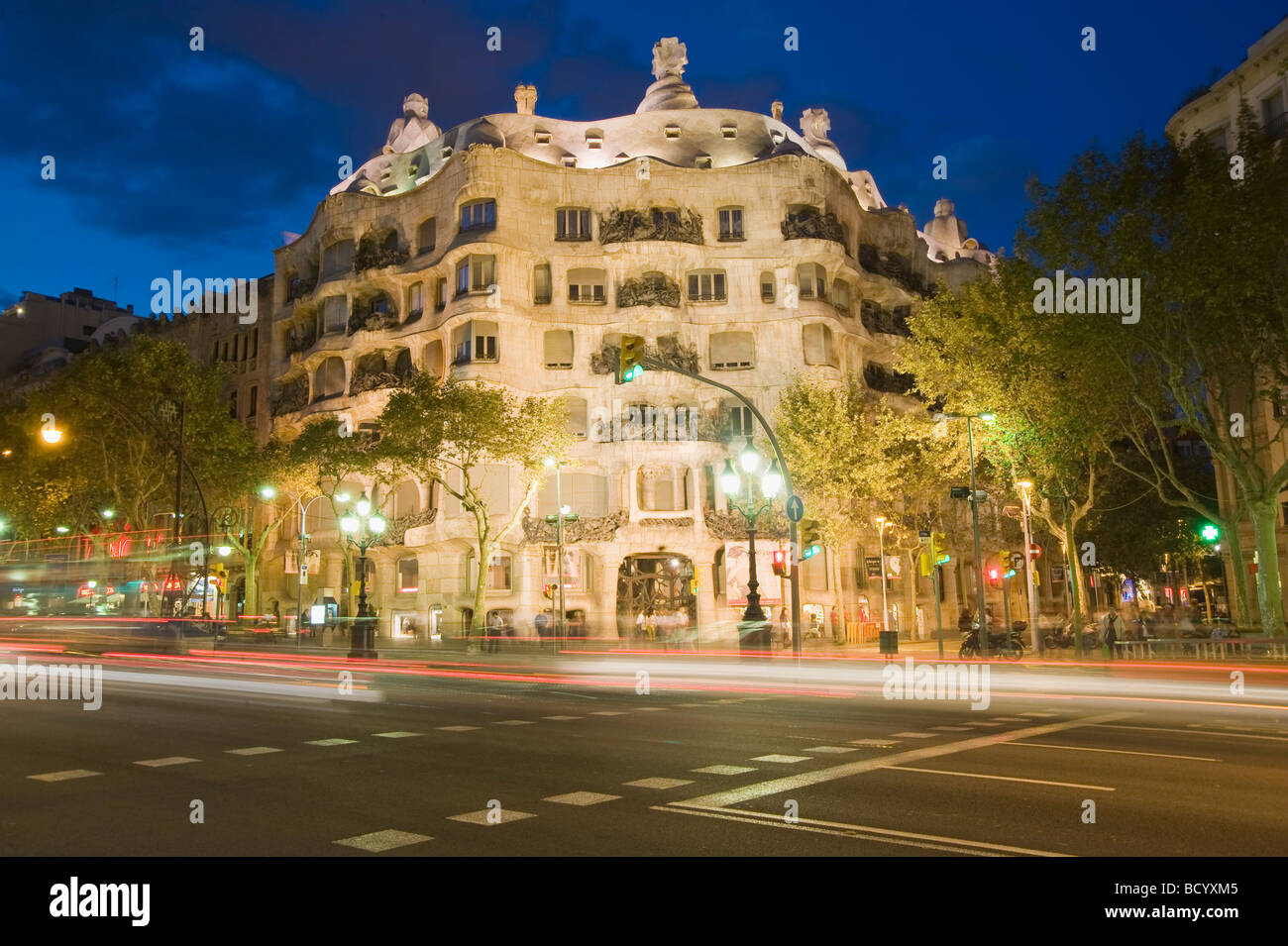 Casa Mila or La Pedrera at night Antonio Gaudi Architect Eixample District Barcelona Catalonia Spain Stock Photo