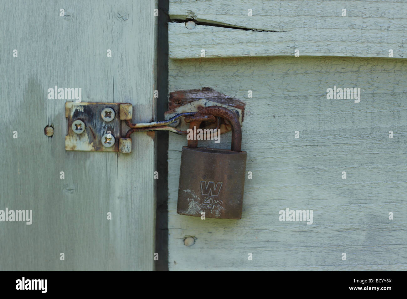Padlock and hasp on painted blue wooden garden shed Stock Photo Alamy