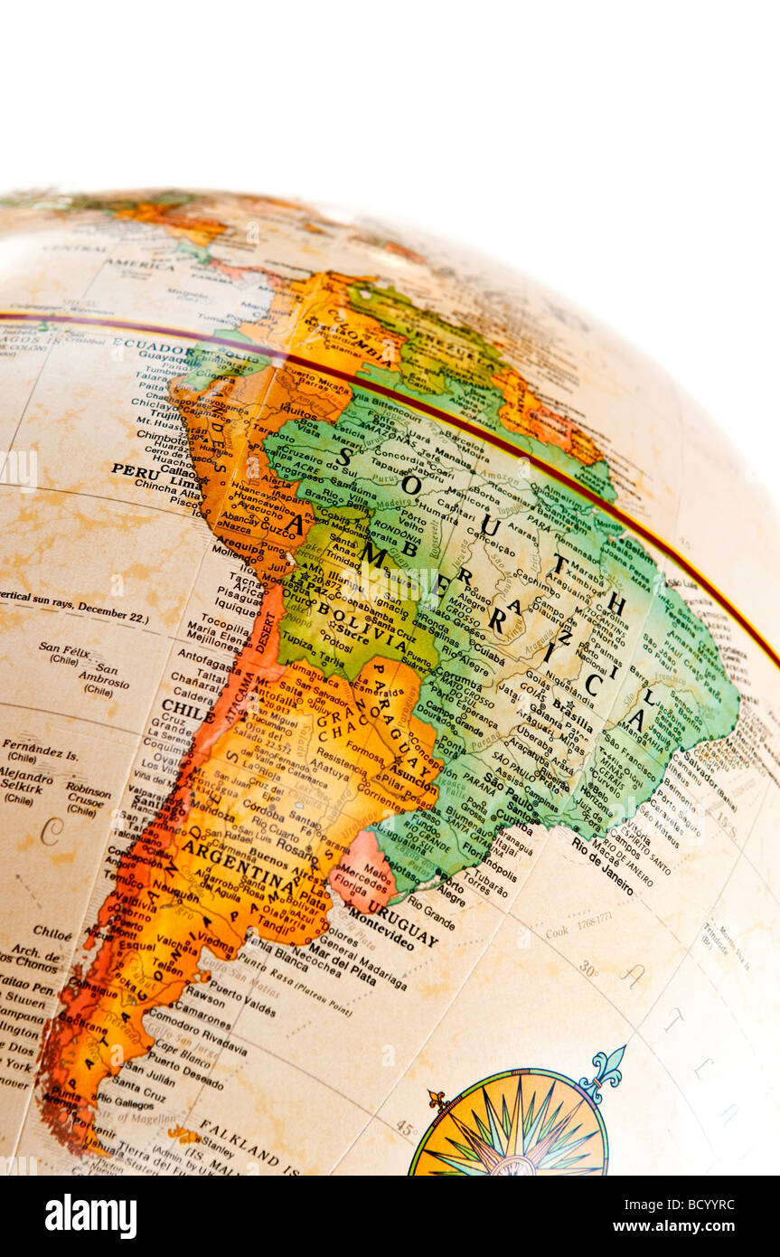 Part of a globe with map of South America Stock Photo