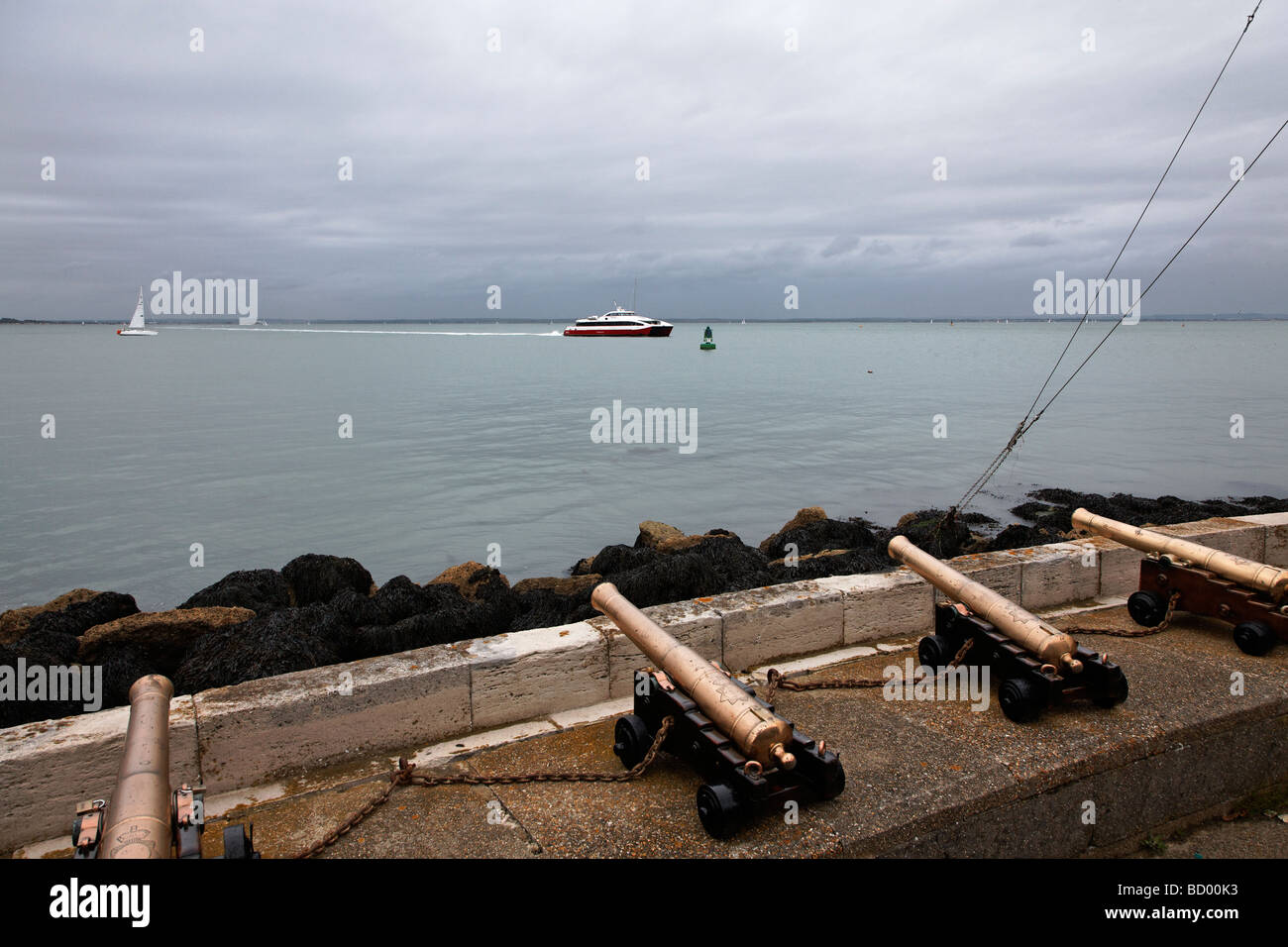 Brass cannons on the promenade at Cowes, Isle of Wight Stock Photo