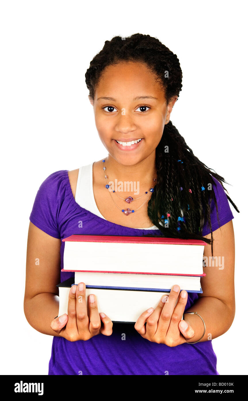 Isolated portrait of black teenage girl holding text books Stock Photo ...