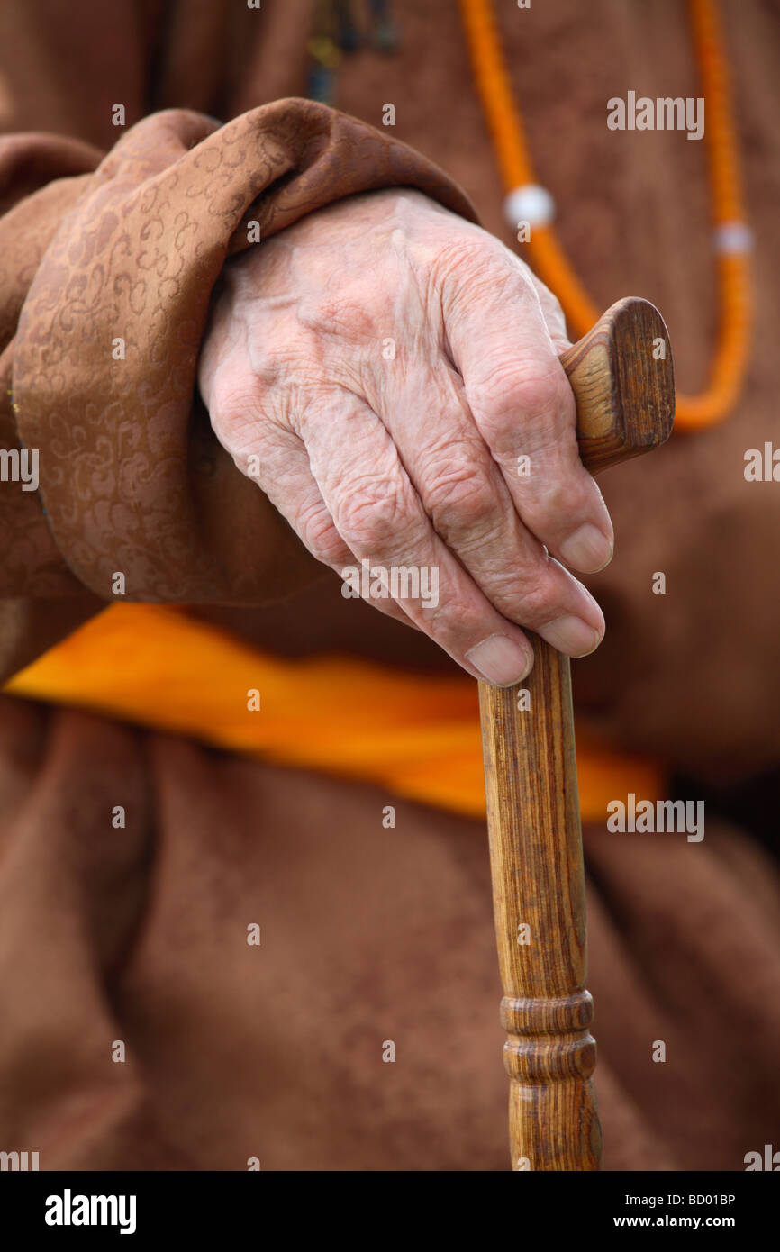 Detail of the hand holding a walking stick, Mongolia Stock Photo