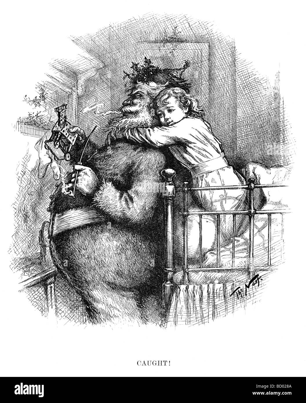 Santa Claus with a child. Classic 19c wood cut of Santa Claus by Thomas Nast. Stock Photo