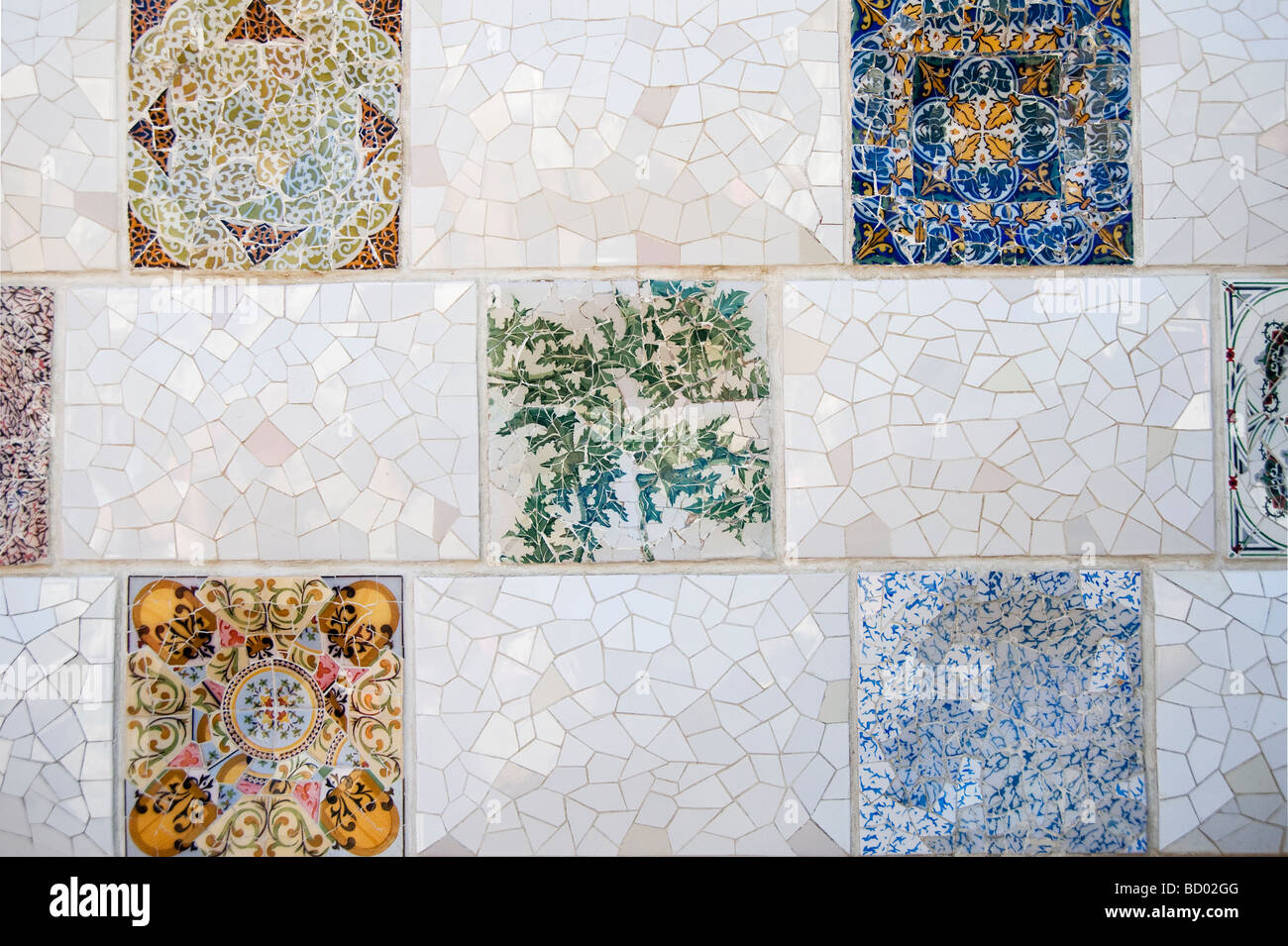 Park Güell Wall ceramics Antonio Gaudi Architect Gracia District Barcelona Catalonia Spain Stock Photo